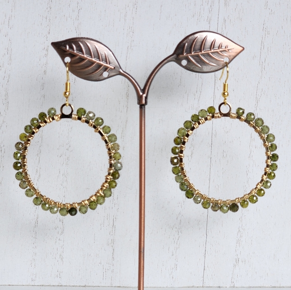 Hand-made Olive Green Semi-precious Zircon Hoop Earrings - Wire-wrapped - Picture 6 of 6
